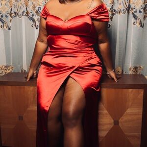 Fashion Nova Red Off-Shoulder Satin Gown with Front Slit